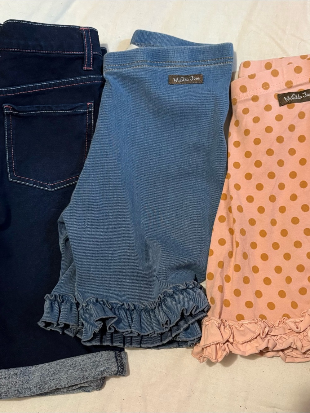 Matilda Jane Girls Navy, Blue & Pink Polka Dot Ruffle Shorts Trio